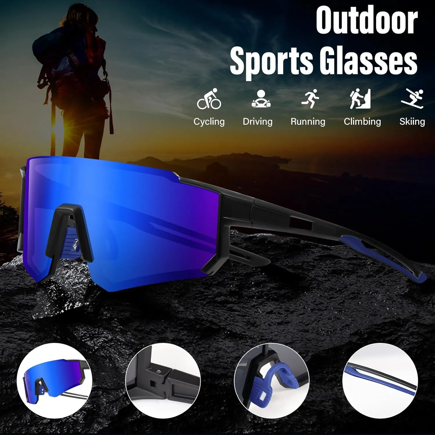 3PACK Polarized Sports Sunglasses for Men Outdoors Mountain Cycling UV400 Protection Sun Glasses Big Frame Goggles