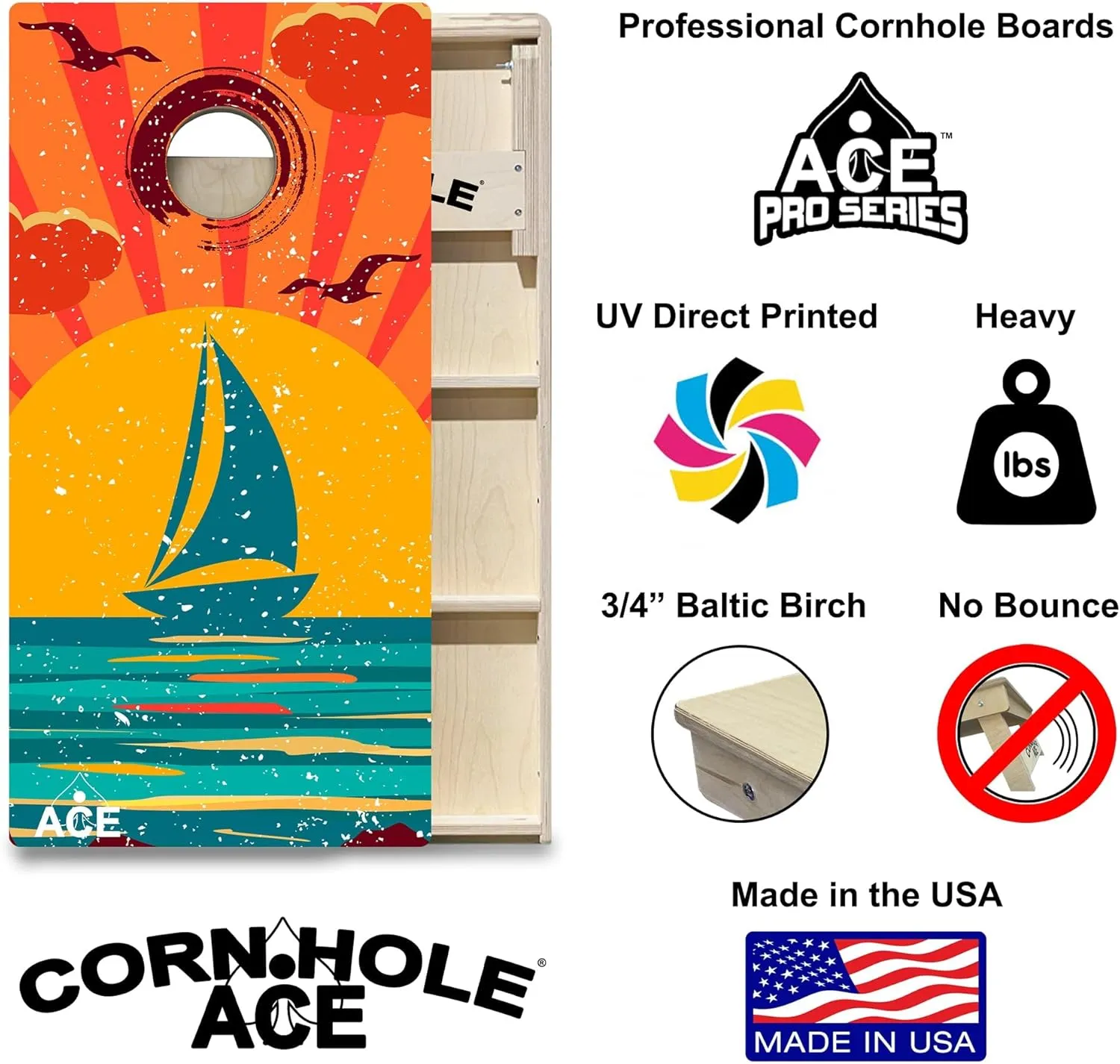 ACE PRO Beach Themed | Professional Cornhole Board Set, No Bounce! Triple Wide Legs, 3/4in Baltic Birch Plywood, Regulation Size, Tournament Style, American Official, Made in USA