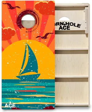 ACE PRO Beach Themed | Professional Cornhole Board Set, No Bounce! Triple Wide Legs, 3/4in Baltic Birch Plywood, Regulation Size, Tournament Style, American Official, Made in USA