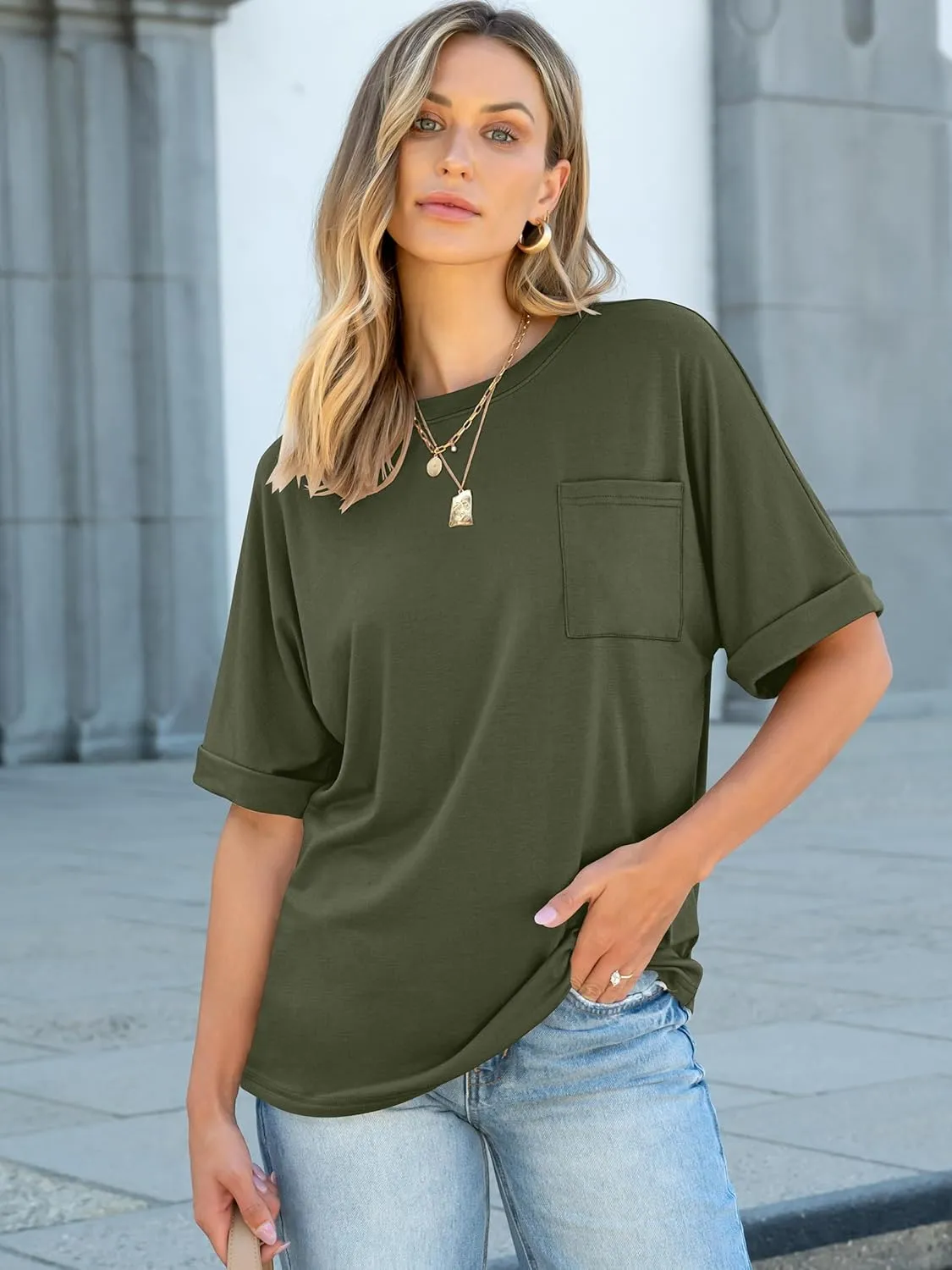 ANRABESS Women Oversized T Shirts Short Sleeve Summer Casual Loose Top Basic Tee with Pocket