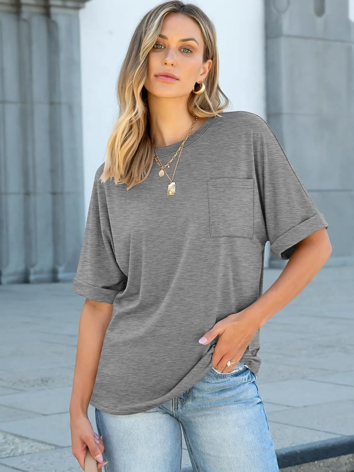 ANRABESS Women Oversized T Shirts Short Sleeve Summer Casual Loose Top Basic Tee with Pocket