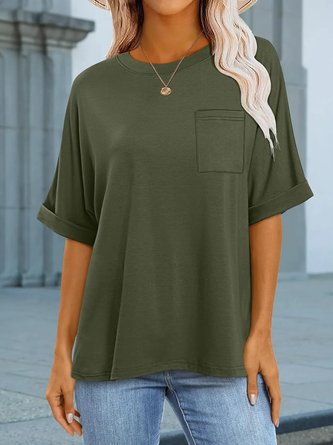 ANRABESS Women Oversized T Shirts Short Sleeve Summer Casual Loose Top Basic Tee with Pocket
