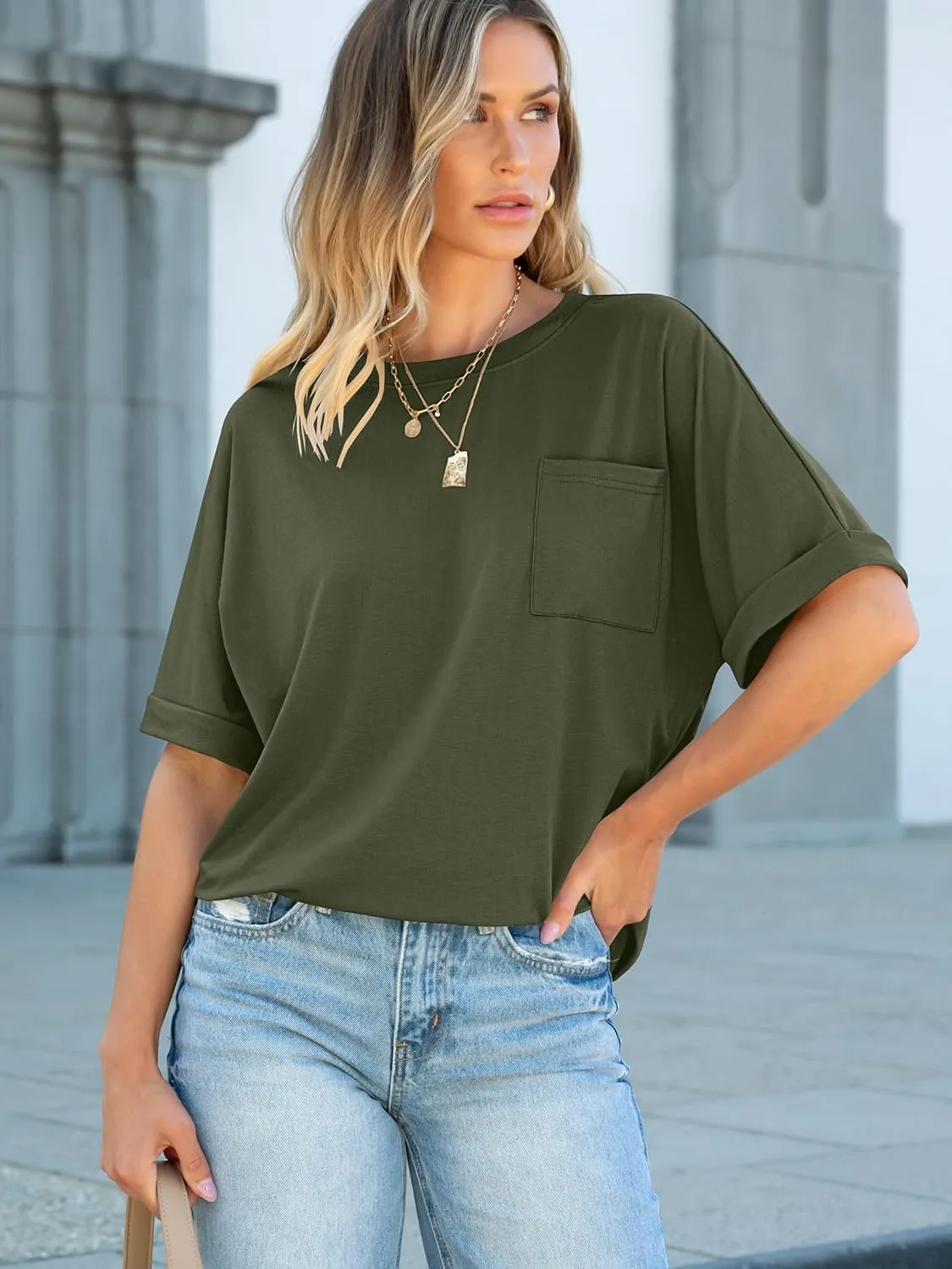 ANRABESS Women Oversized T Shirts Short Sleeve Summer Casual Loose Top Basic Tee with Pocket