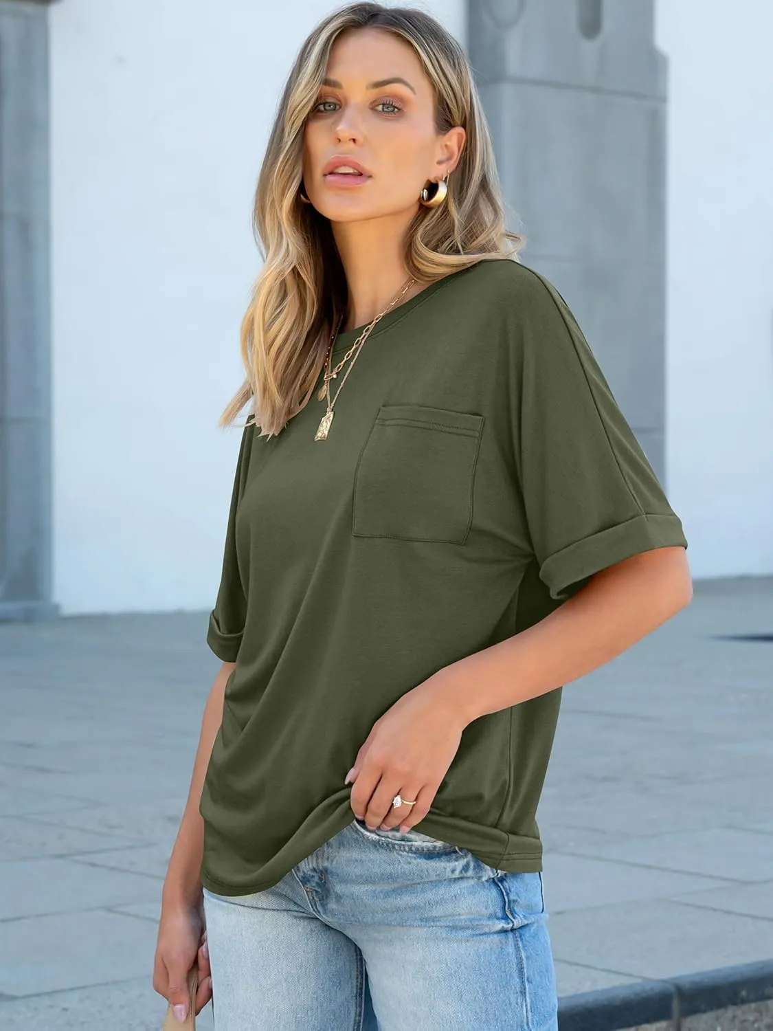 ANRABESS Women Oversized T Shirts Short Sleeve Summer Casual Loose Top Basic Tee with Pocket