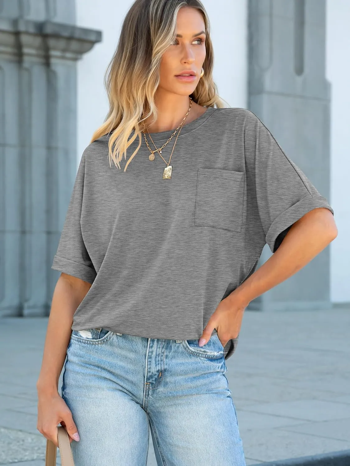 ANRABESS Women Oversized T Shirts Short Sleeve Summer Casual Loose Top Basic Tee with Pocket
