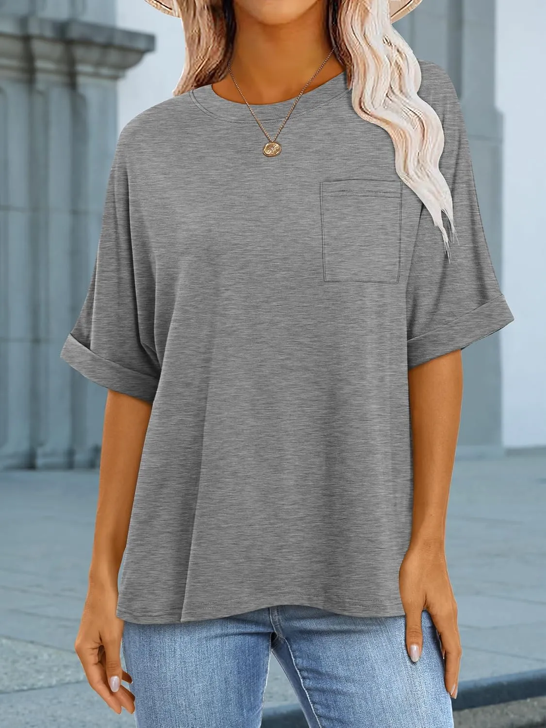ANRABESS Women Oversized T Shirts Short Sleeve Summer Casual Loose Top Basic Tee with Pocket