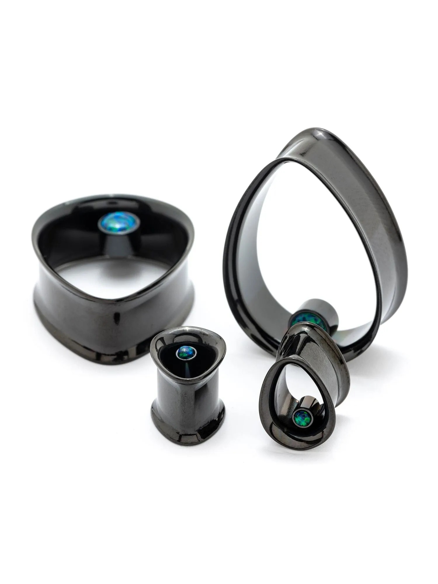 Blue Opalite Black Double Flared Teardrop Steel Tunnels
