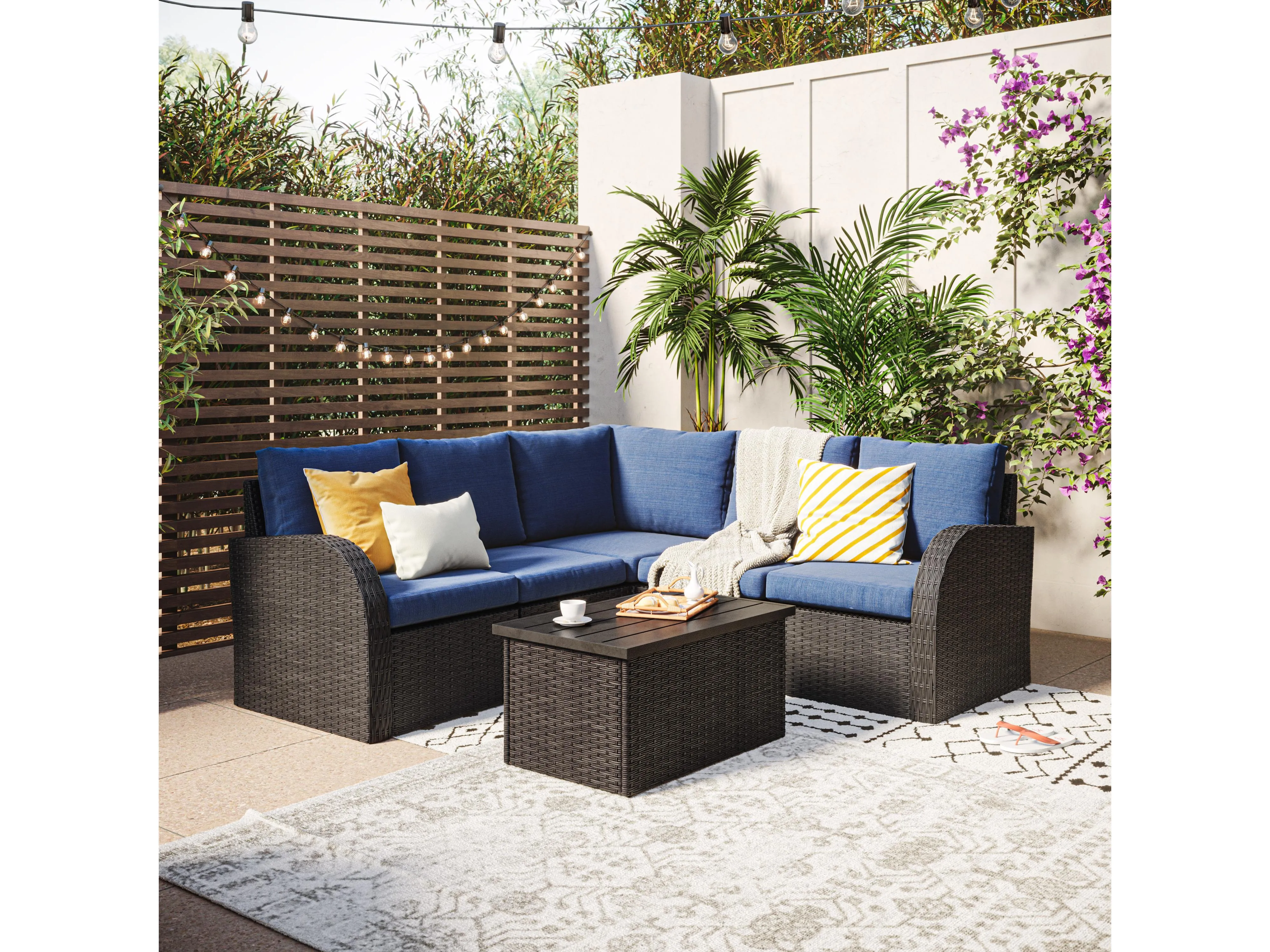 Blue Outdoor Wicker Sectional Set 6pc