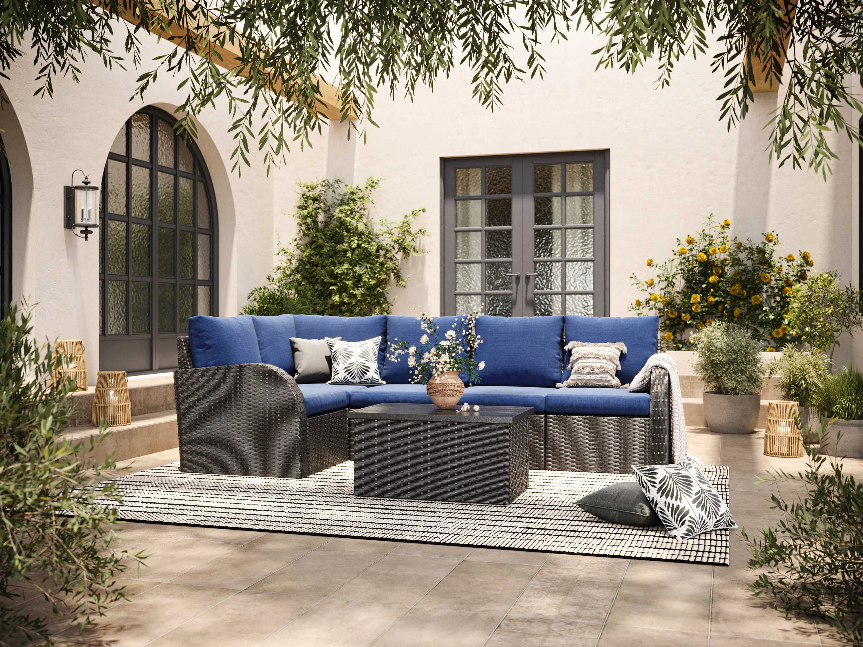 Blue Outdoor Wicker Sectional Set 6pc