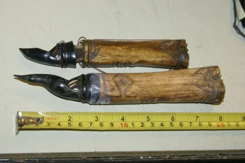 CHOICE BETWEEN 2 Vintage Timor Ethnic Authentic Tribal Lime Containers (used during Betel Habit): Hand Carved Buffalo Bone receptacles with hand etched Scrimshaw motifs, Hand Carved Ebony Wood Lids, Egret & Frog motifs: BN1A & BN1B
