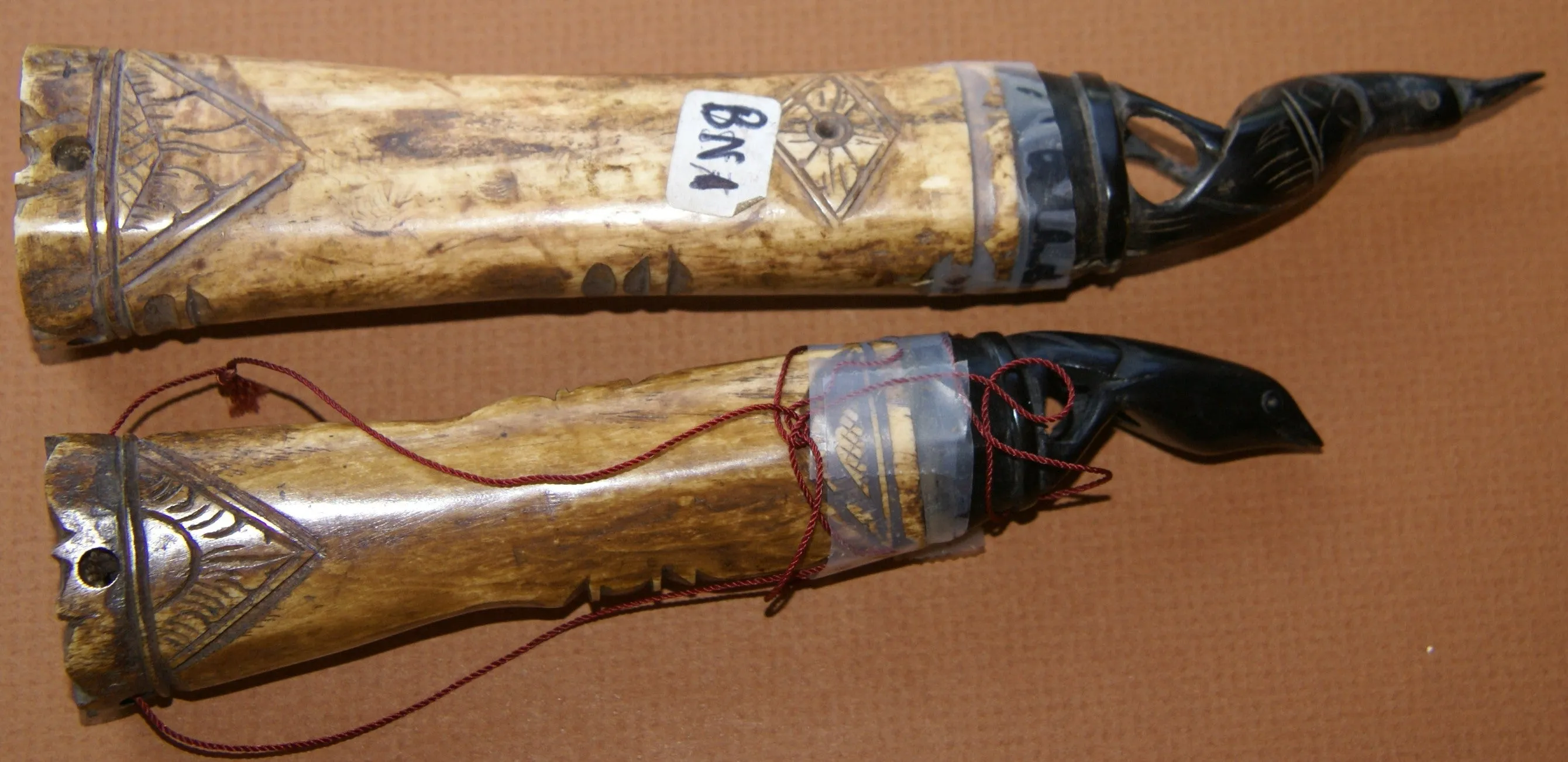 CHOICE BETWEEN 2 Vintage Timor Ethnic Authentic Tribal Lime Containers (used during Betel Habit): Hand Carved Buffalo Bone receptacles with hand etched Scrimshaw motifs, Hand Carved Ebony Wood Lids, Egret & Frog motifs: BN1A & BN1B