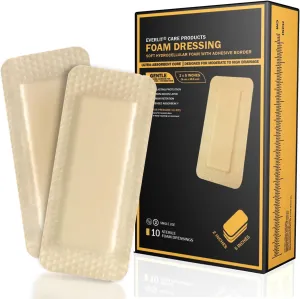 EVERLIT Care Silicone Foam Dressing with Adhesive Border | Highly Absorbent Hypoallergenic Bandages for Chronic Wounds, Bed Sores, Pressure Ulcers | Gentle & Secure Adhesion (2" x 5" | 10 Pack)