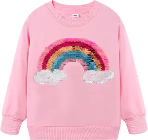 Girls Rainbow Sweatshirts Long Sleeve Crewneck Cotton Pink Sequin Shirt Toddler Fall Pullover Tops Kids Rainbow Sweaters 4T
