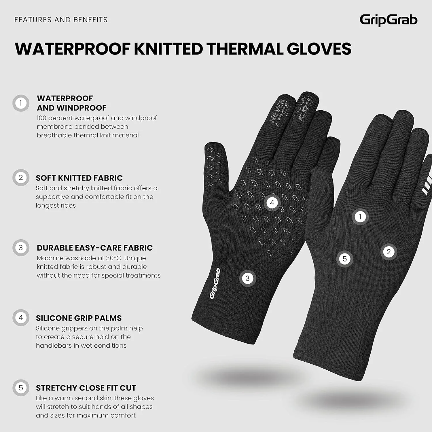 GripGrab Waterproof Knitted Thermal Cycling Gloves Anti-Slip Winter Bicycle Gloves Windproof Knit Full Finger Bike Gloves