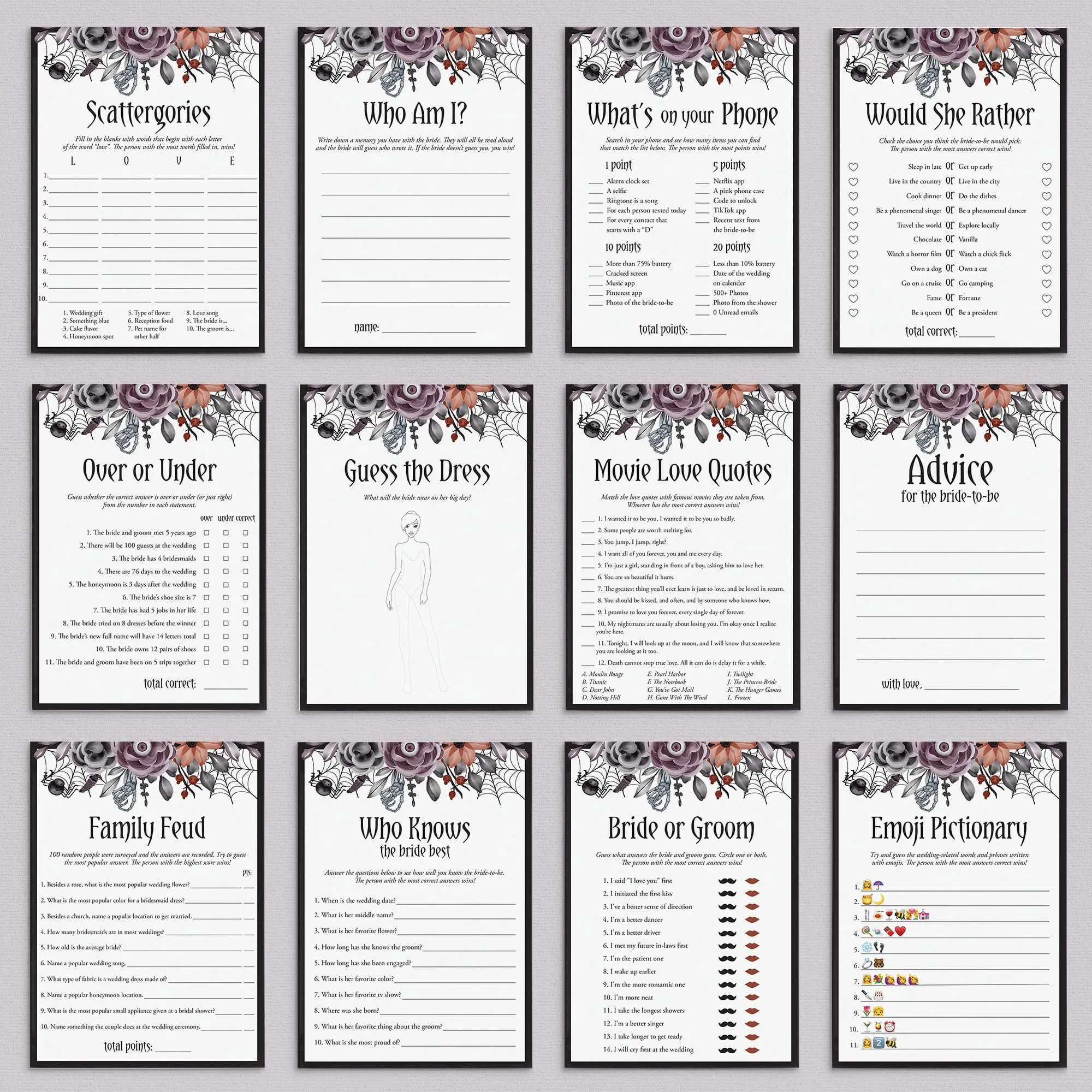 Halloween Bridal Shower Games Bundle Black Purple Floral