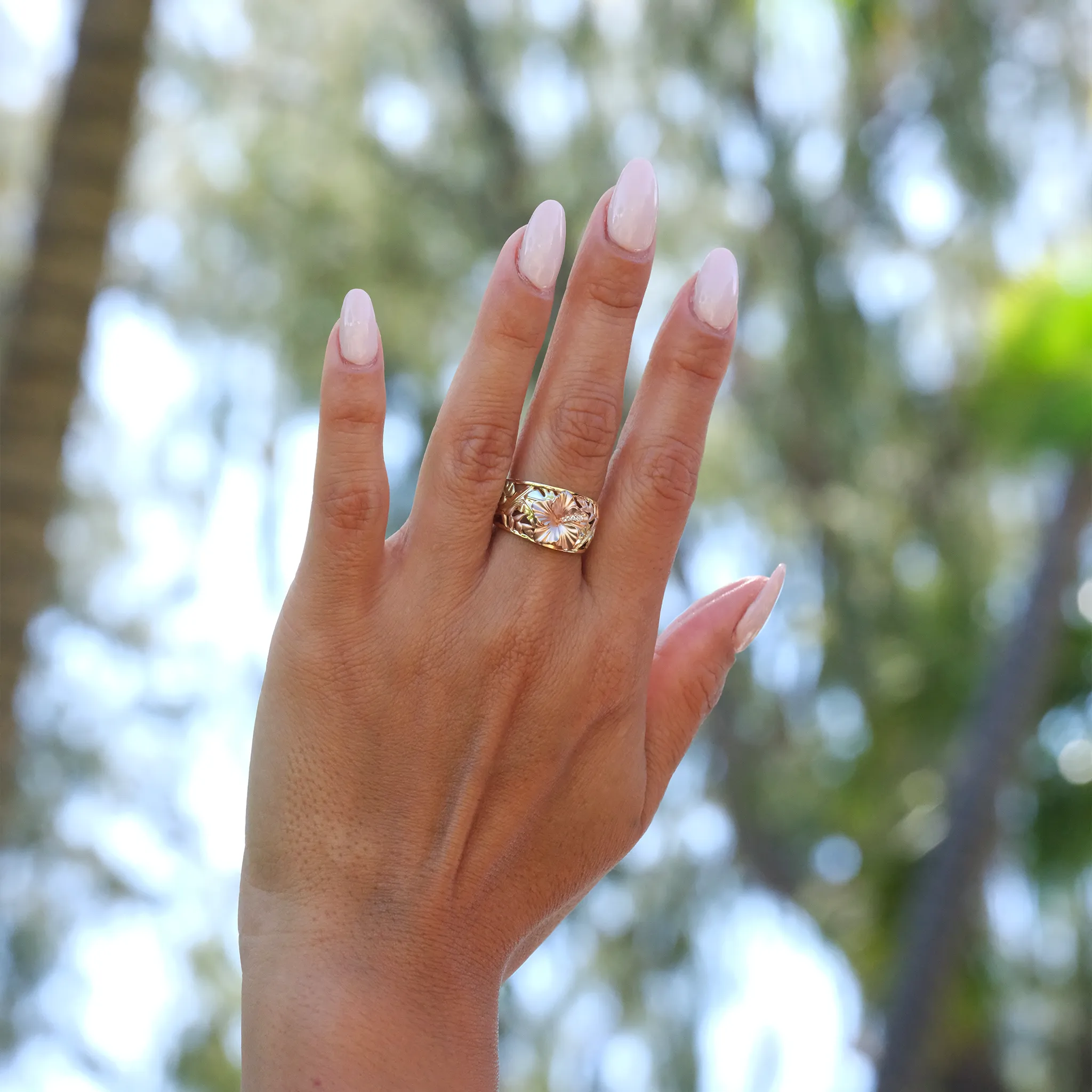 Hawaiian Gardens Hibiscus Ring in Tri Color Gold with Diamonds - 12mm