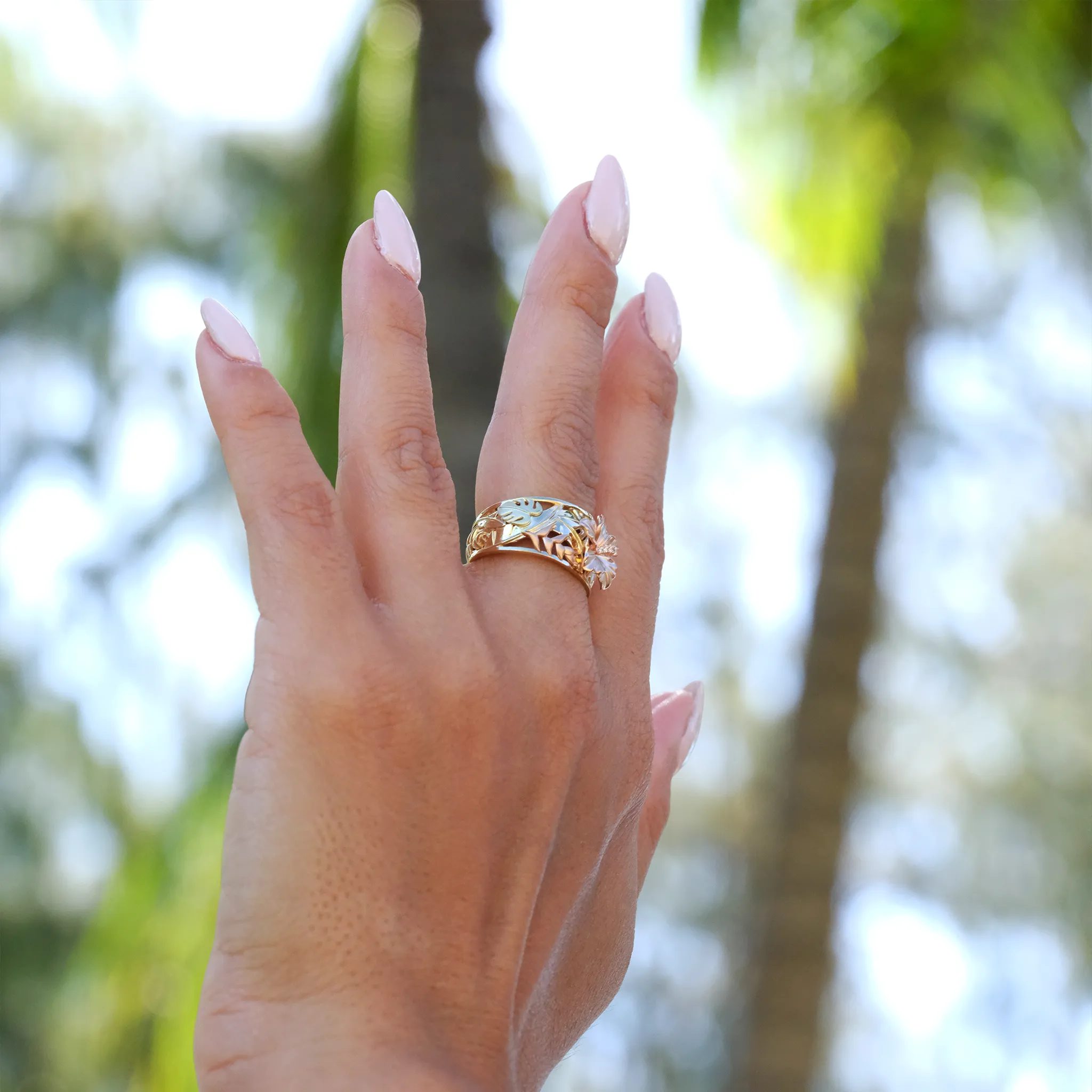 Hawaiian Gardens Hibiscus Ring in Tri Color Gold with Diamonds - 12mm