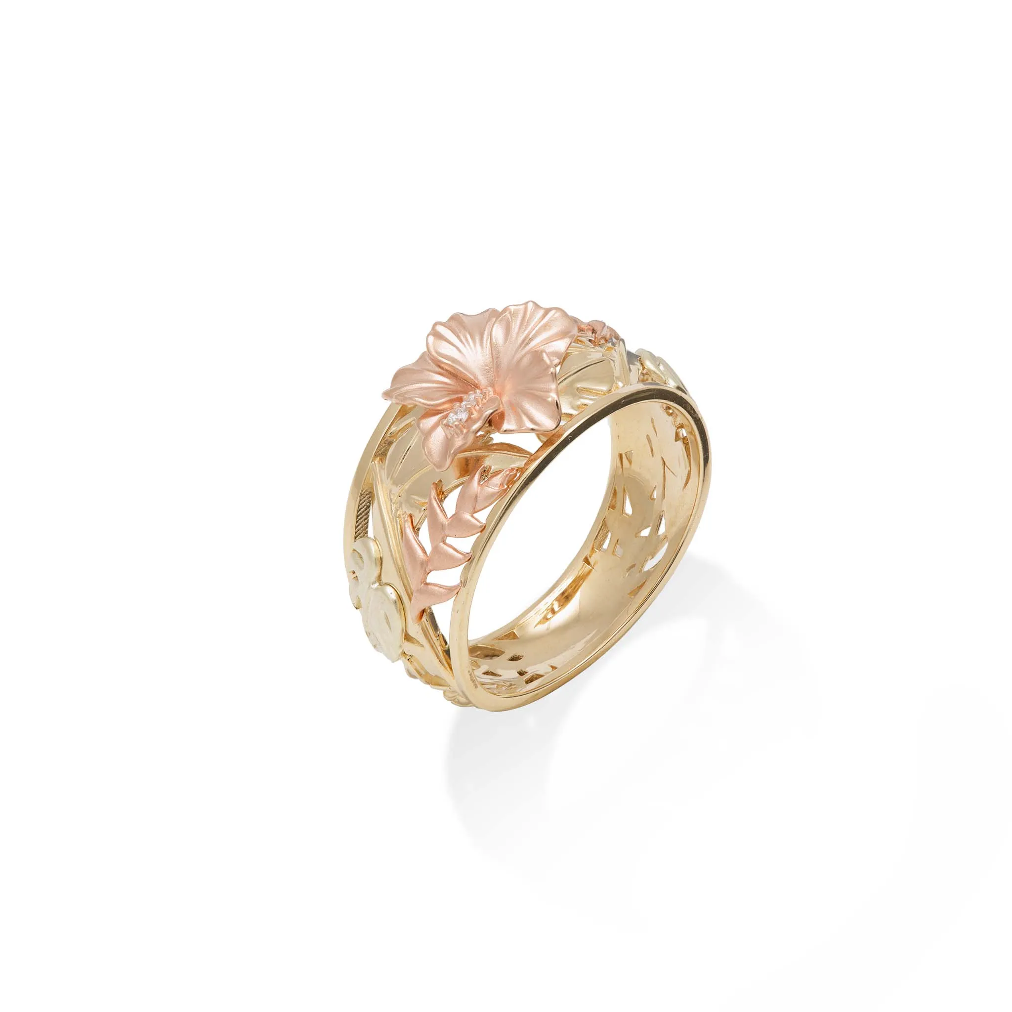 Hawaiian Gardens Hibiscus Ring in Tri Color Gold with Diamonds - 12mm