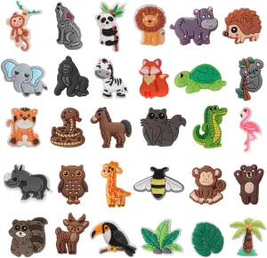 Jungle Animals Shoe Decoration Charms, 30PCS Jungle Safari Animals Monkey Lion Tiger Zebra Elephant Shoe Charms for Shoe Wristband, PVC Shoe Charm Accessories for Party Favors Birthday Gifts