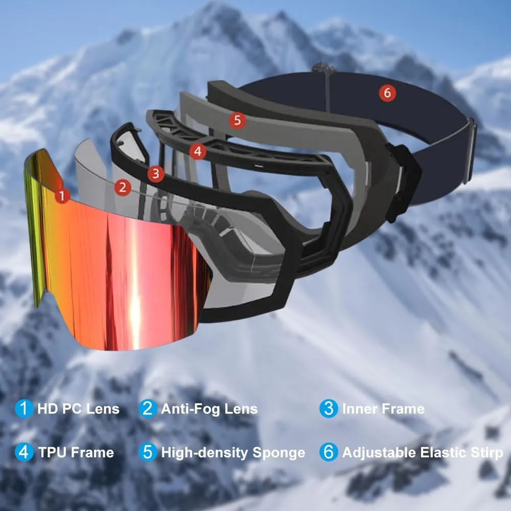 LESC Ski Goggles Anti-fog with UV400 Protection, HD OTG Design Snowboard Snow Skiing Goggles for Men Women Adult,Youth
