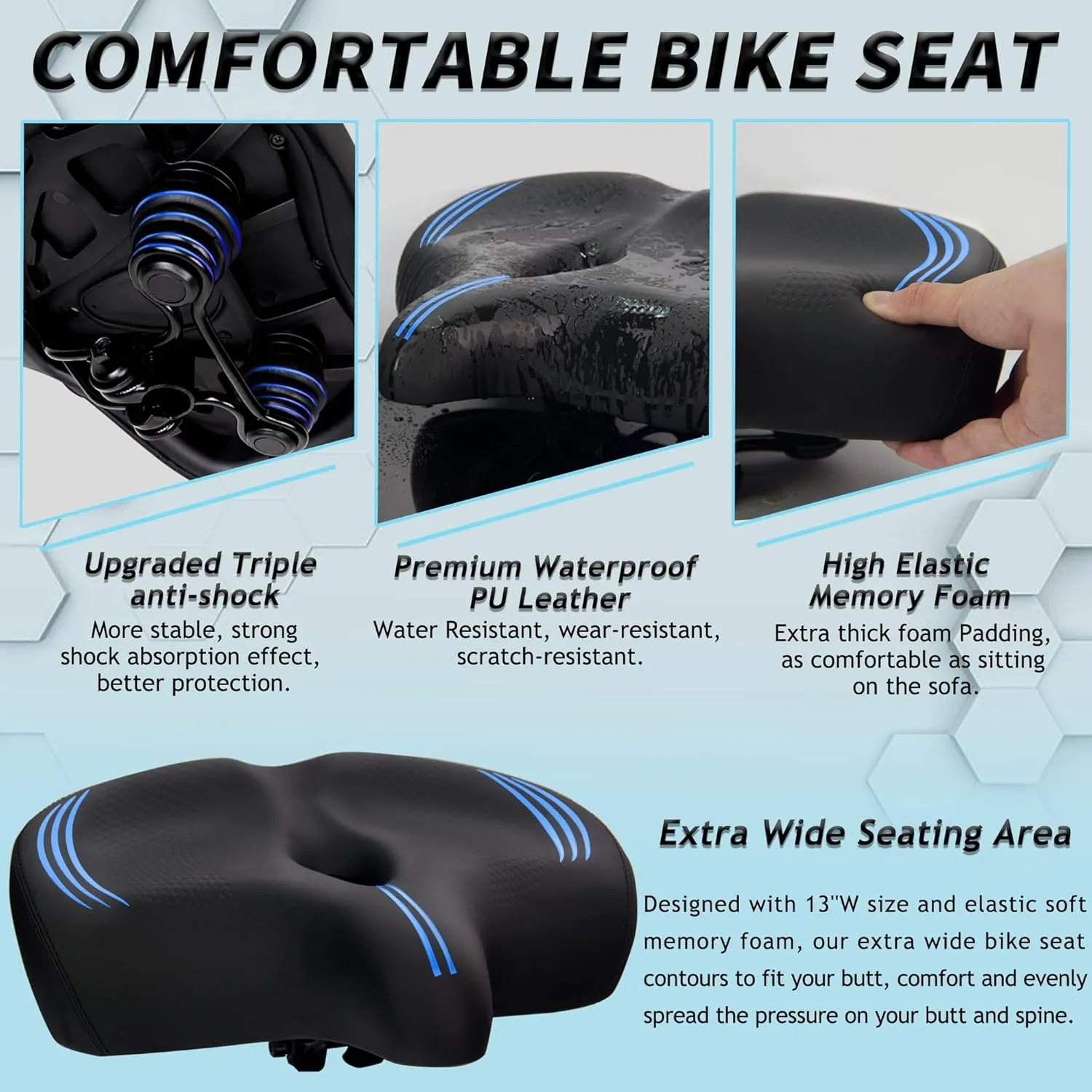 Oversized Bike Seat for Men & Women Comfort, Extra Wide Soft Bicycle Seat Cushion, Large Comfortable Padded Replacement Bike Saddle for Peloton Bike, Stationary Exercise Bike, City Bike, Ebike