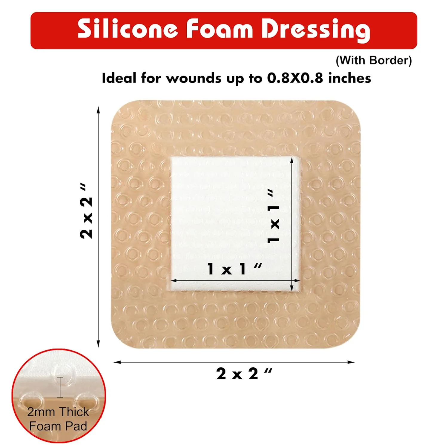 Silicone Foam Dressing with Adhesive Border  Wound Dressing Bandage  Silicone Foam Pad  Pack of 10  2 x 2 Inches Large Waterproof Bandages  Self Adhesive Wound Care and Dressings