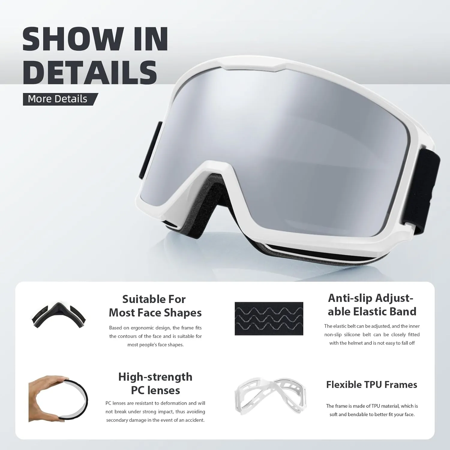 Ski/Snowboard Goggles for Men, Women & Youth -OTG 100% UV Protection