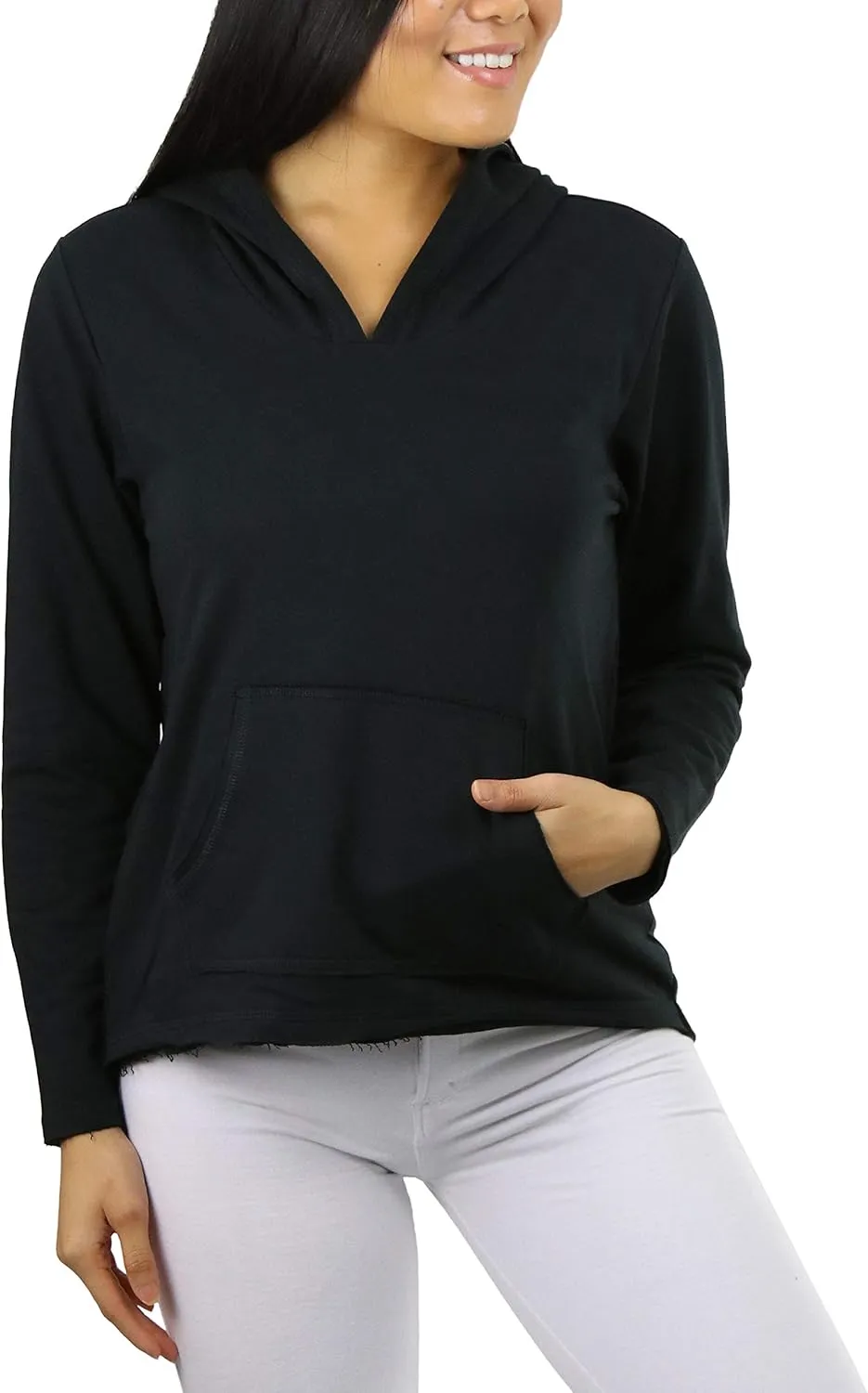 ToBeInStyle Women's Cotton Long Sleeve V-Neck Raw Edge Relaxed Fit Hoodie