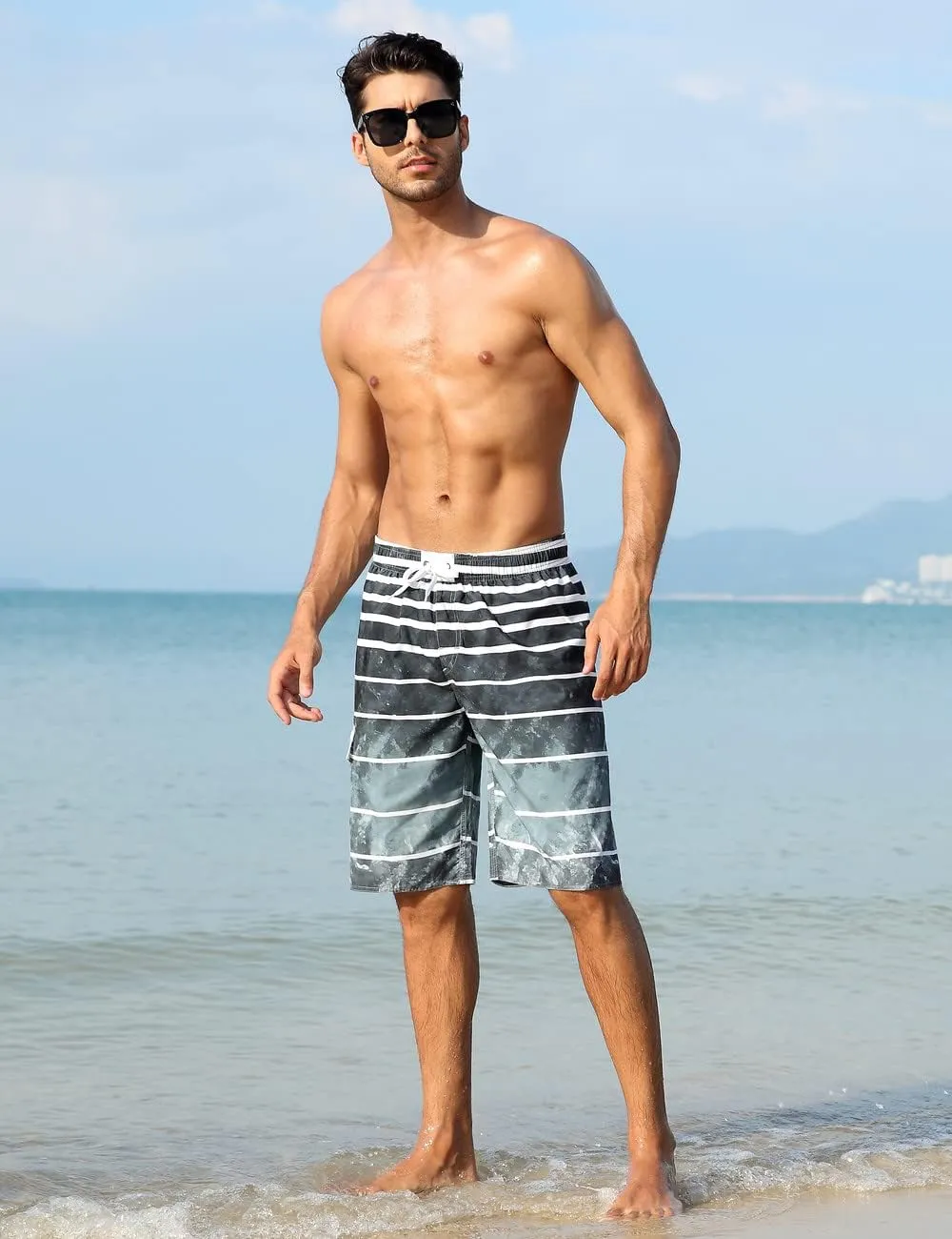 unitop Men's Swimming Trunks Quick Dry Summer Striped Beach Board Shorts with Lining
