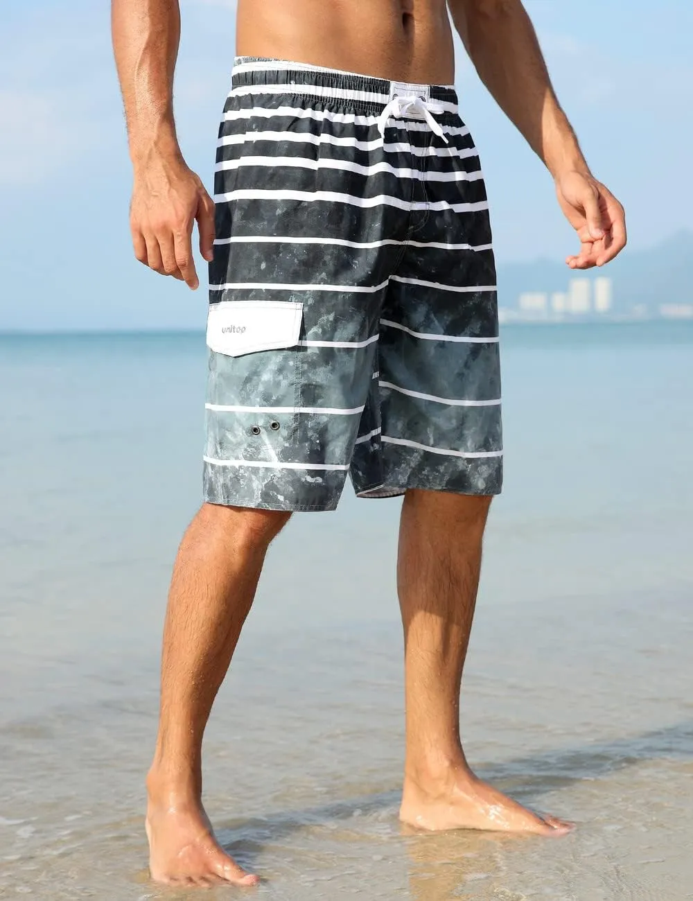 unitop Men's Swimming Trunks Quick Dry Summer Striped Beach Board Shorts with Lining