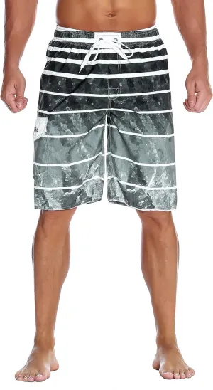 unitop Men's Swimming Trunks Quick Dry Summer Striped Beach Board Shorts with Lining