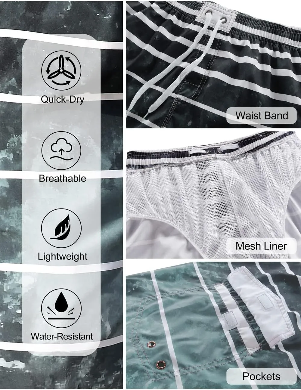 unitop Men's Swimming Trunks Quick Dry Summer Striped Beach Board Shorts with Lining